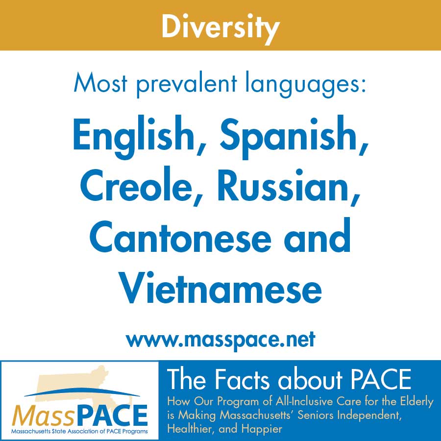 An infographic explaining the most prevalent languages at MassPACE: English, Spanish, Creole, Russian, Cantonese and Vietnamese